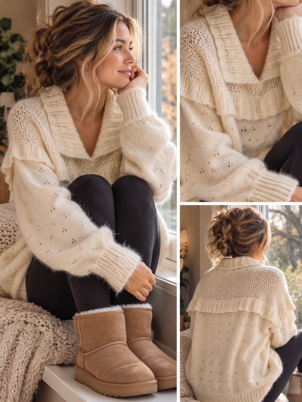 Jacqui E Cream Open-Weave Shawl Collar Sweater